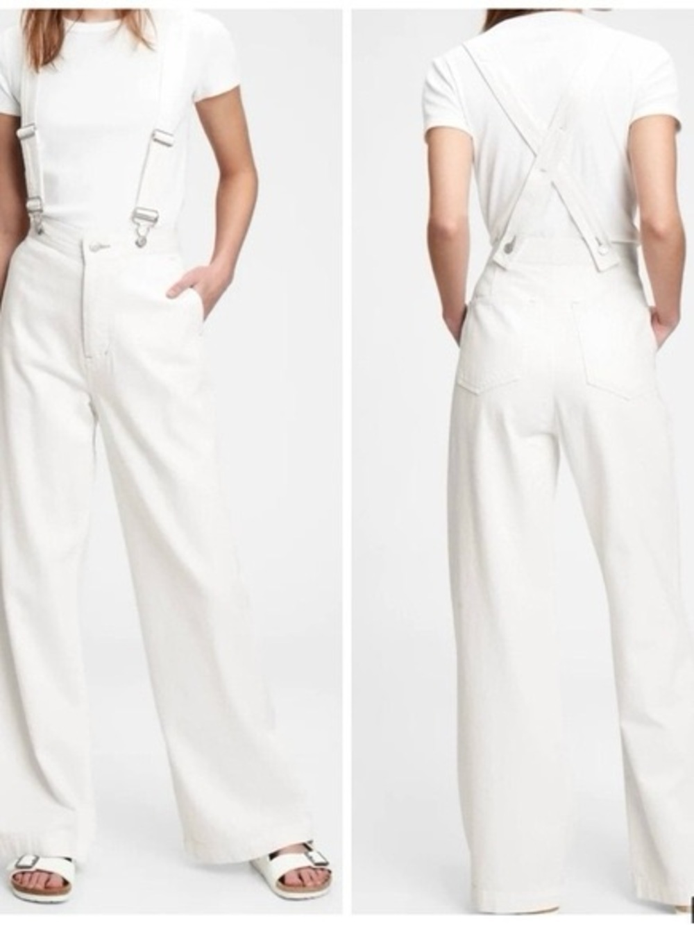GAP White Wide-Leg Denim Overalls with Cross-Back Straps